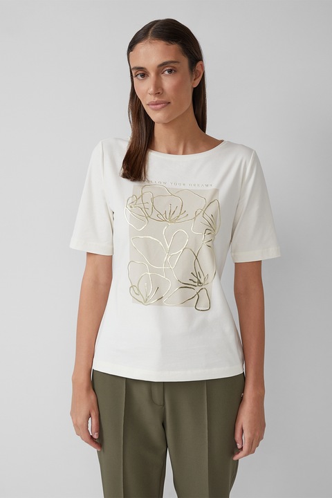 s.Oliver, Tricou din amestec de bumbac cu model floral, Auriu/Alb murdar