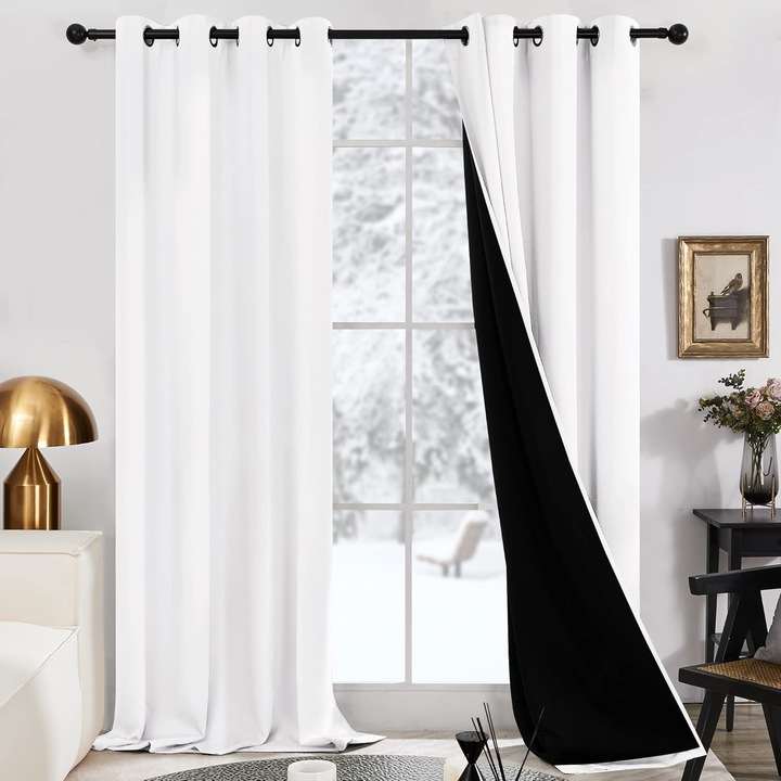 Комплект от 2 завеси Deconovo, Двойни, Термоизолирани, С халки, 140 x 245 см, Непрозрачни, Бели