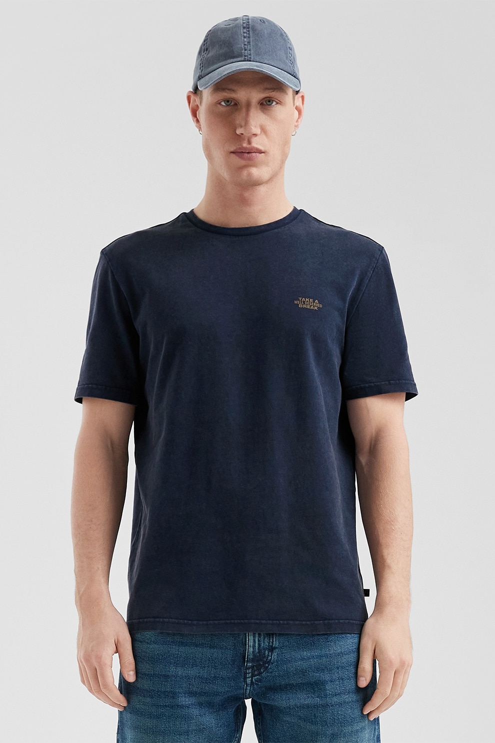 s.Oliver, Tricou de bumbac cu decolteu la baza gatului si text, Bleumarin, M