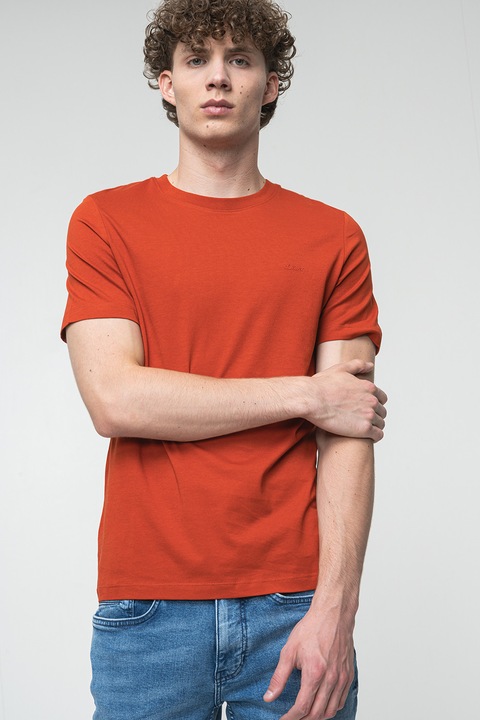 s.Oliver, Tricou din bumbac cu decolteu la baza gatului, Caramiziu