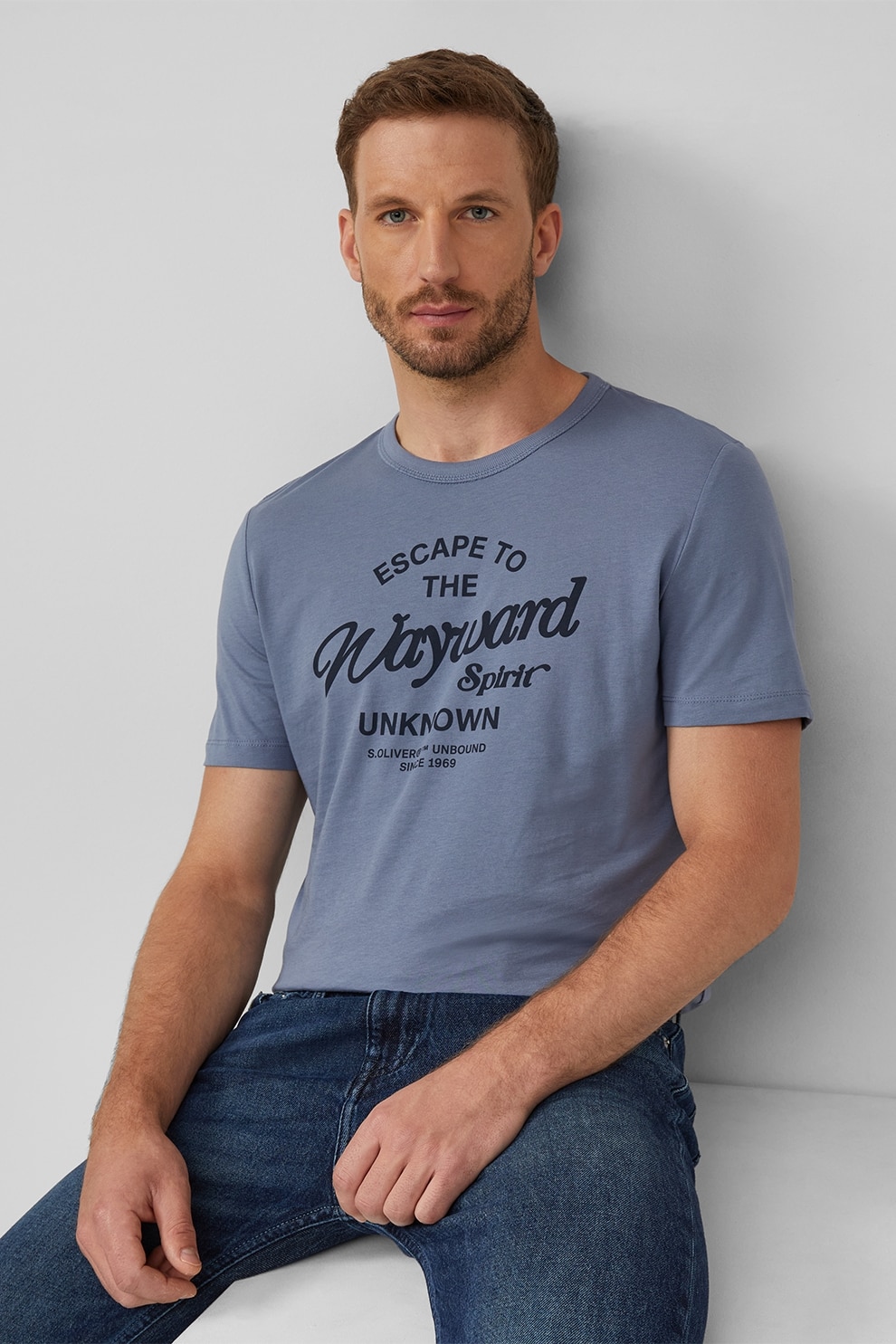 s.Oliver, Tricou cu logo si decolteu la baza gatului, Albastru inchis, XL