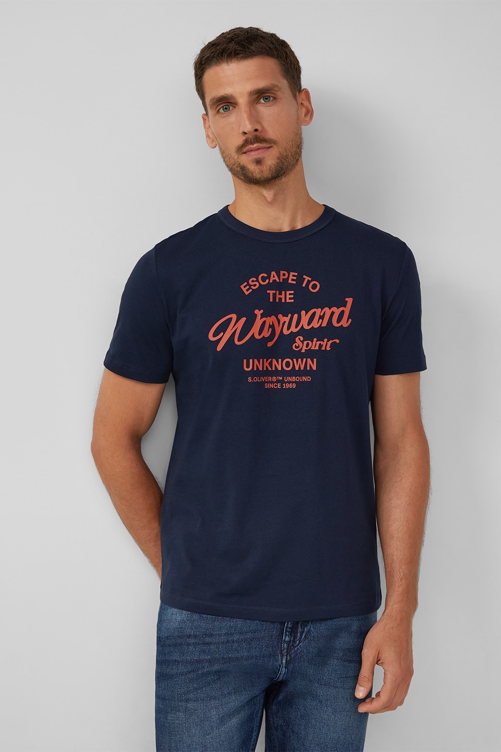 s.Oliver, Tricou cu logo si decolteu la baza gatului, Coral, Bleumarin, M
