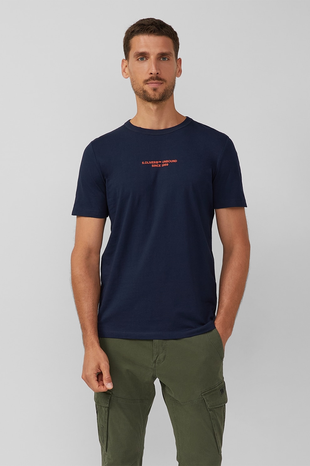 s.Oliver, Tricou cu logo si decolteu la baza gatului, Rosu, Albastru ultramarin, L