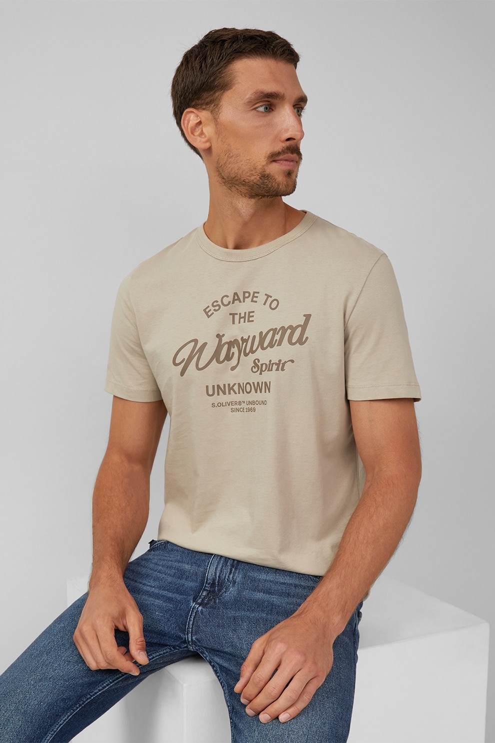 s.Oliver, Tricou cu logo si decolteu la baza gatului, Bej deschis, L