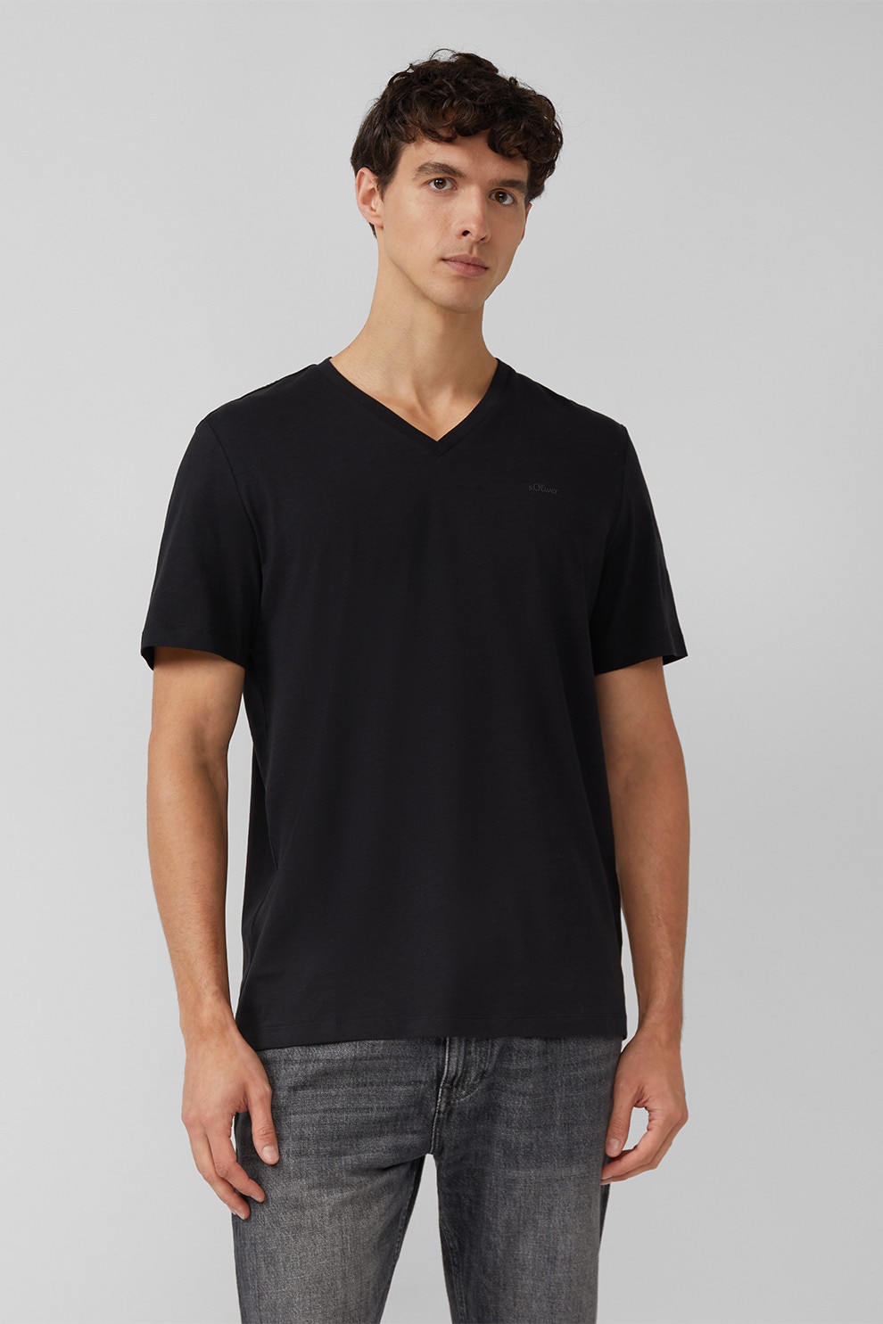 s.Oliver, Tricou de bumbac cu decolteu in V, Negru, M