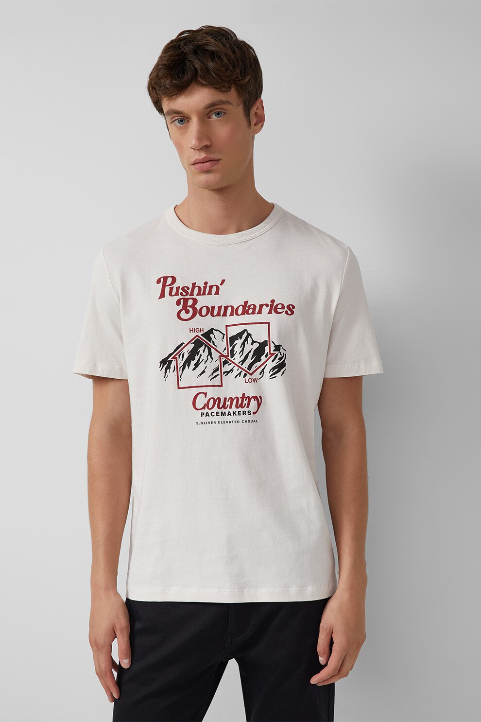 s.Oliver, Tricou de bumbac cu imprimeu grafic, Alb, Rosu inchis, XL