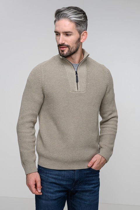 s.Oliver, Normál fazonú pulóver cipzáros rövid hasítékkal, Homokbarna