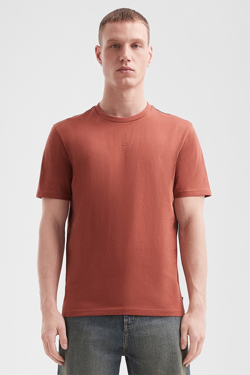 QS, Tricou de bumbac cu decolteu la baza gatului, Caramiziu, M