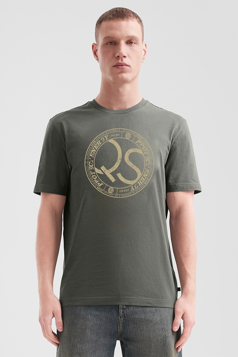 QS, Tricou de bumbac cu logo, Verde marin, XL