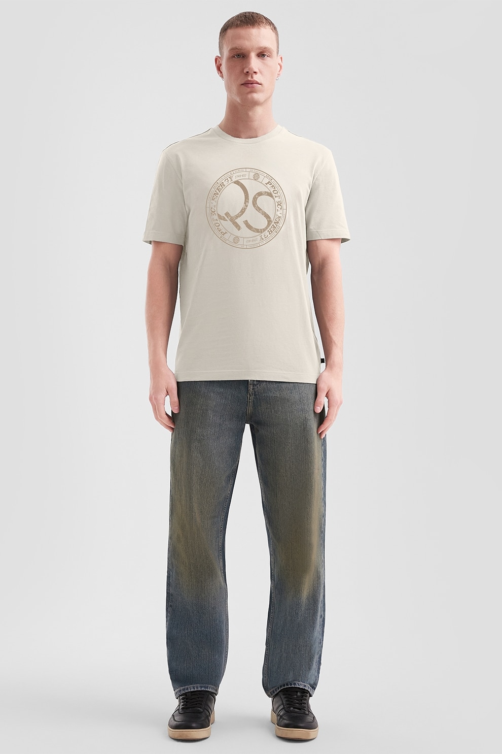 QS, Tricou de bumbac cu logo, Bej deschis, M