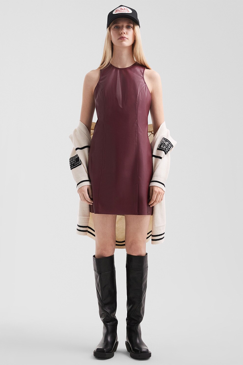 QS, Rochie mini fara maneci, din piele ecologica, Visiniu, 38