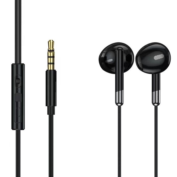 Vezetékes mikrofonos fülhallgató, audio csatlakozó, univerzális fejhallgató, kerek fejű csatlakozó, fekete