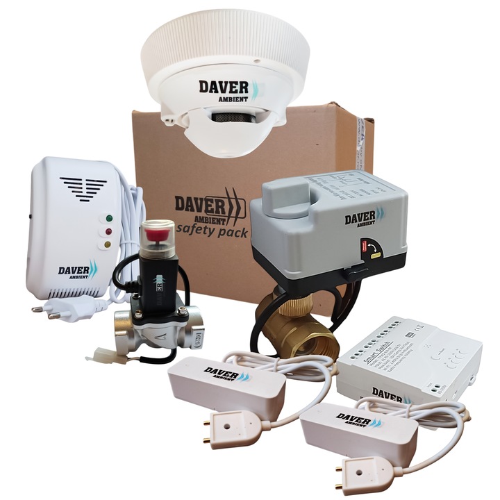 Kit smart de siguranta cu senzori pentru gaz, apa si fum, Daver Safety Pack 1.2.1