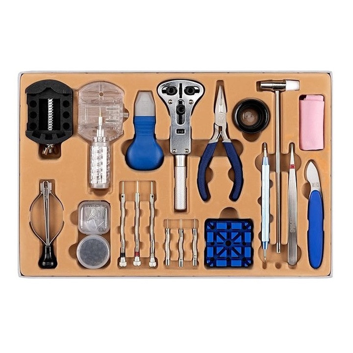 Комплект инструменти за ремонт на часовници, H&S, 155 части, кутия за съхранение, пълен комплект с инструменти за настройка, смяна на батерия, каишки, щифтове