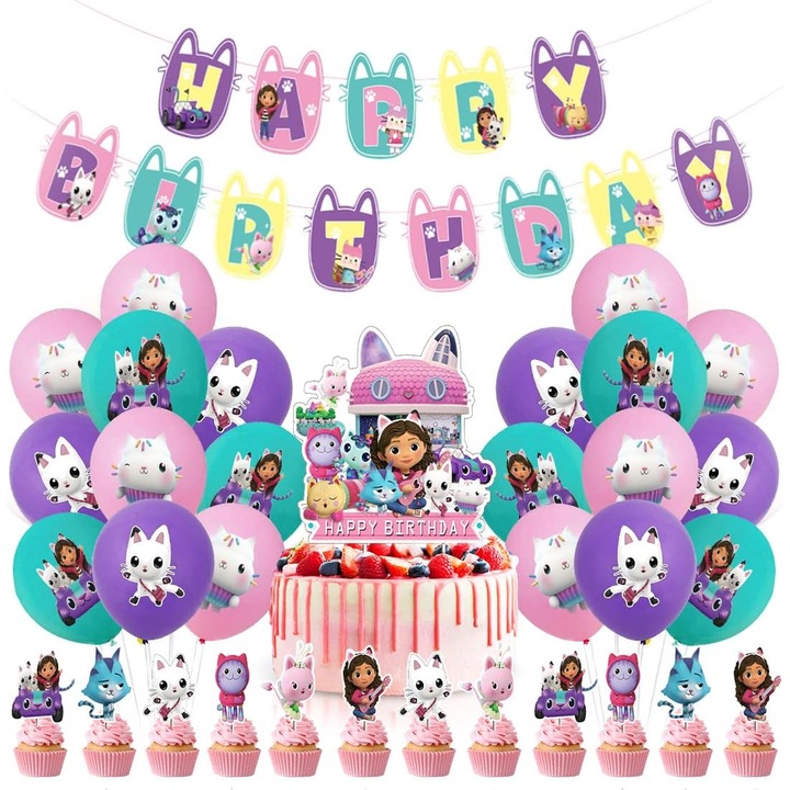 Комплект за Рожден ден Gabby's Dollhouse, Балони Декор Gabby, Балони Комплект за Рожден ден за Деца, 18 Латексови Балона, 1 Хартиен Банер, 25 Аксесоара за Торта за Детски Рождени Дни