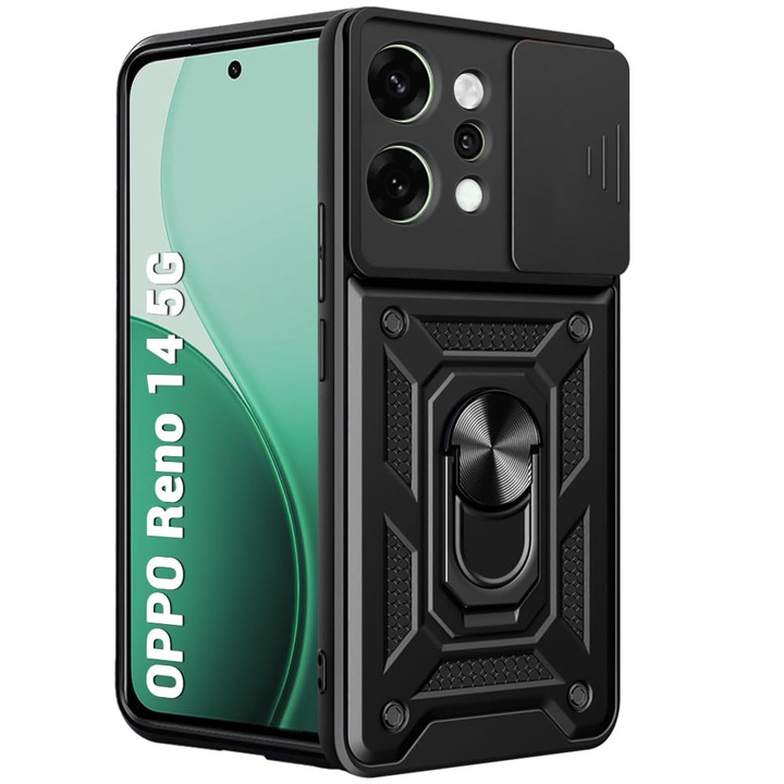 Кейс за Oppo Reno 14 5G Ring Armor Kickstand Tough Rubber Cover със защита на камерата, черен