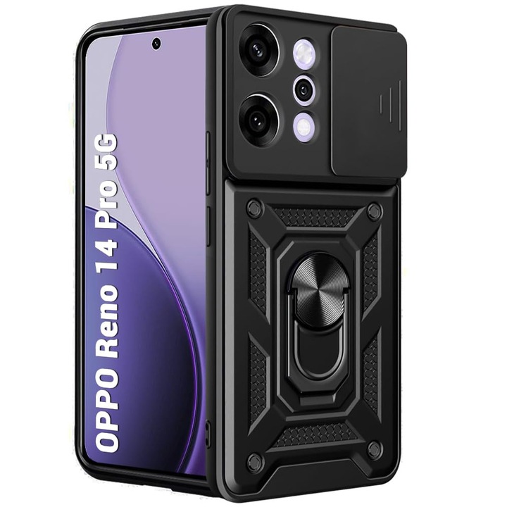 Кейс за Oppo Reno 14 Pro 5G Ring Armor Kickstand Tough Rugged Cover с защита на камерата, черен