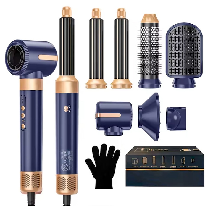 Uscator de Par Profesional 7 in 1 Ewenta® GLAM AIR, Perie Rotativa cu Accesorii Intersanjabile, Control Termic, Air Curler Automat, Ondulare si Indreptare