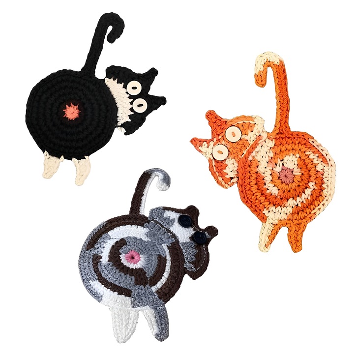 Set 3 suporturi bauturi, TREXORA, forma de pisica, textil, antiderapant, izolatie termica, 15x10cm, multicolor