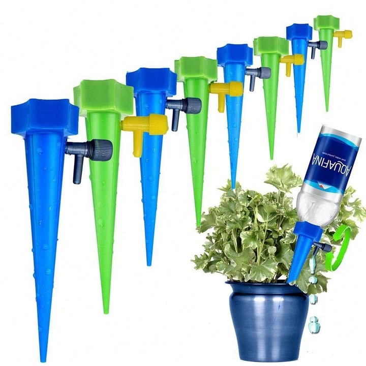 Set 12 Bete de Udare Automata pentru Plante, Boxely, Sistem de Irigatie cu Picurare Reglabil, pentru Interior si Exterior, Gradina, Ghivece sau Sere, Culori Aleatorii (Varfuri Verzi), Design Spiralat