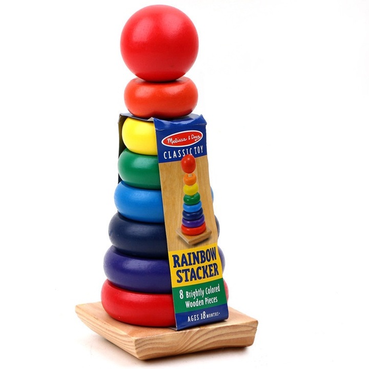 Дървена кула за подреждане Melissa & Doug Rainbow Stacker за деца – 8 цветни елемента, образователна играчка Монтесори, фина моторика и разпознаване на цветове