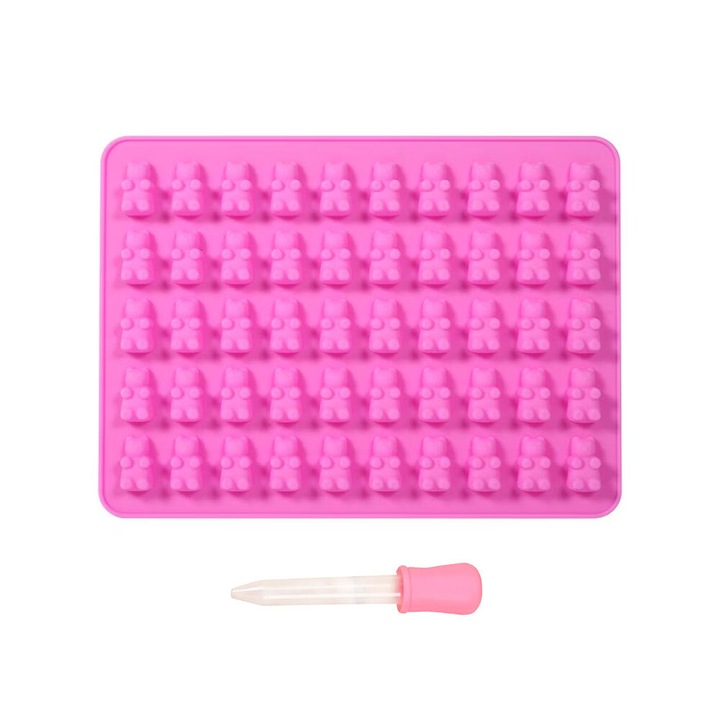 Forma prajituri, 50 forme ursuleti din silicon, cu pipeta din silicon, 18.7x13.7cm, roz