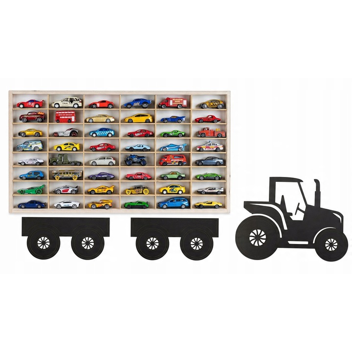 Suport din lemn pentru masinute, 48 compartimente, decorata cu excavator, 59x32.5cm