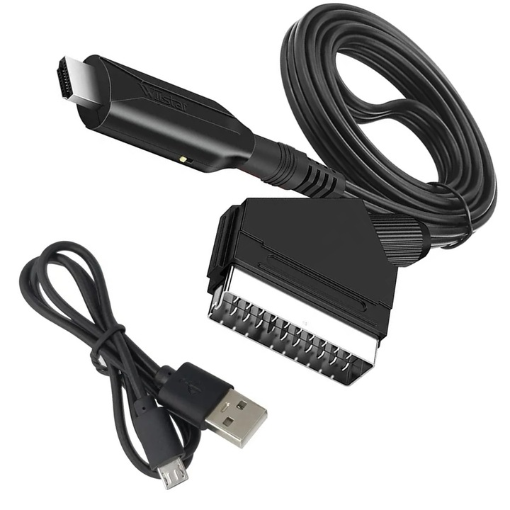 Cablu/convertor HDMI la SCART, 1 metru, accepta rezolutii 720p/1080p, alimentare USB, instalare usoara, compatibil cu set-top box-uri, playere DVD/Blu-ray, console de jocuri, laptopuri, culoare negru, material: plastic, lungime cablu: 1 metru