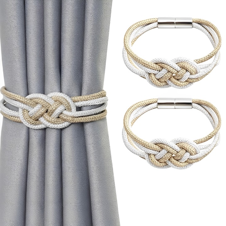 Set 2 Snururi de Prindere pentru Perdele, TREXORA, Bumbac/Lemn Natural, Bej/Alb