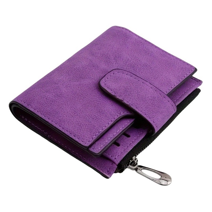 Portofel dama, violet, 12.5x9x2.5cm, 12 sloturi pentru carduri, cu fermoar