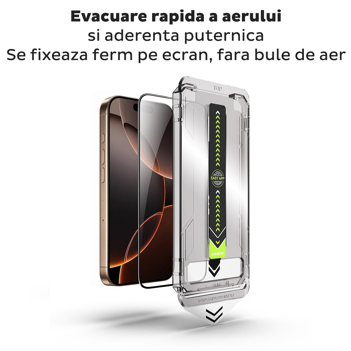 Folie Sticla pentru Apple iPhone 15 Pro Max Daden TitanGlass, Full Cover, Kit de instalare usoara si rapida cu dispozitiv de potrivire automata, Protectie Profesionala, Ultra Rezistenta, Transparenta