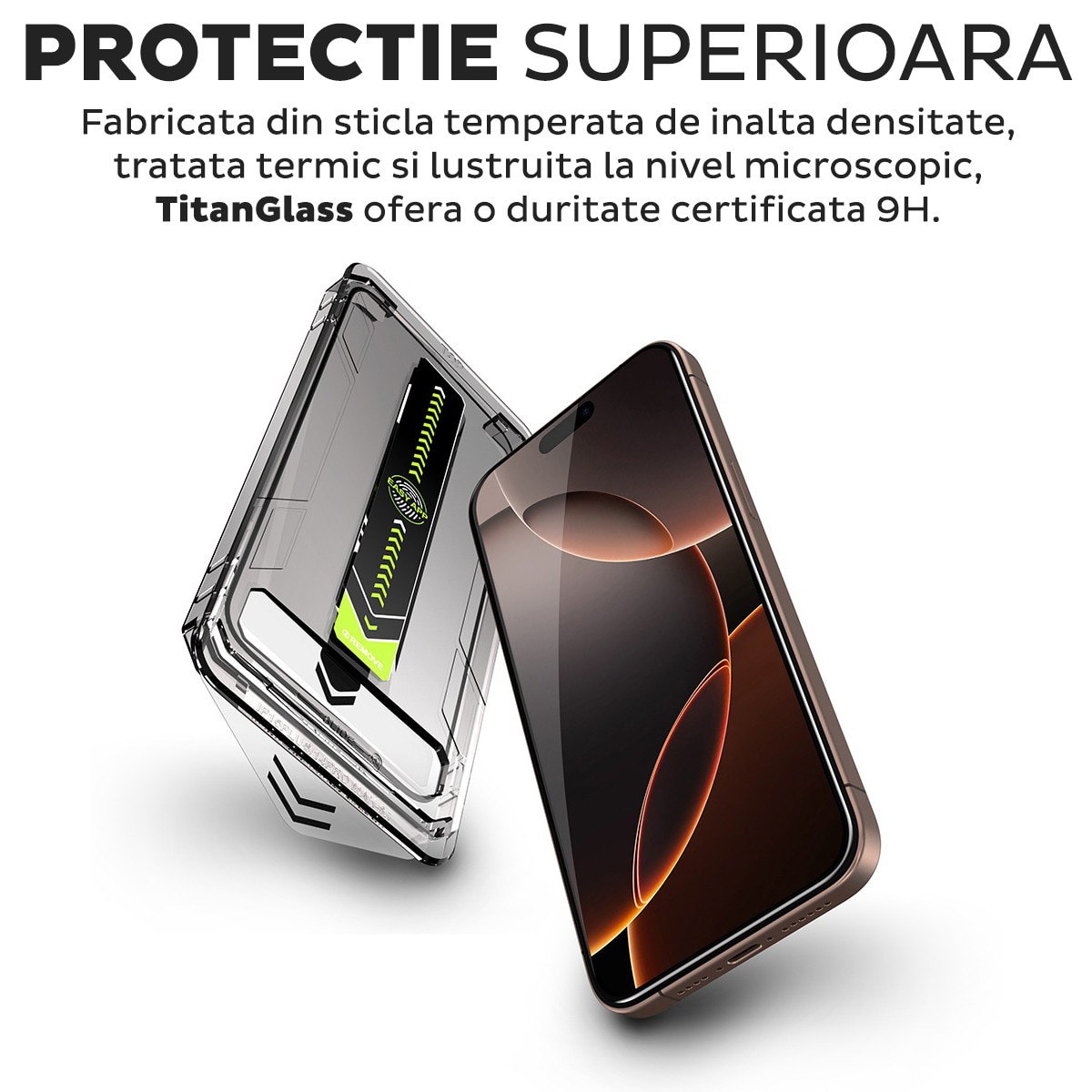 Folie Sticla pentru Apple iPhone 15 Pro Max Daden TitanGlass, Full Cover, Kit de instalare usoara si rapida cu dispozitiv de potrivire automata, Protectie Profesionala, Ultra Rezistenta, Transparenta