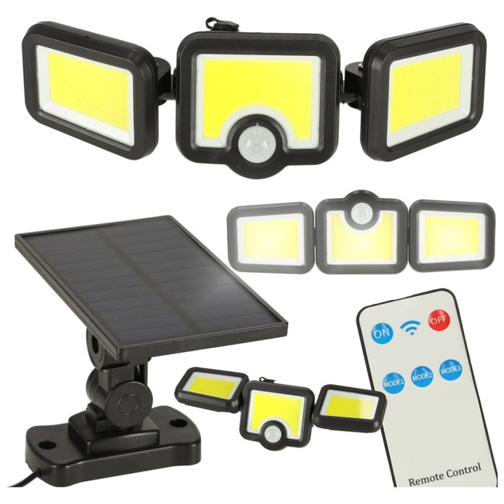 Lampa Solara LED 3 in 1 cu Senzor de Miscare 6500 lm Panou Solar 8, 8W cu Telecomanda