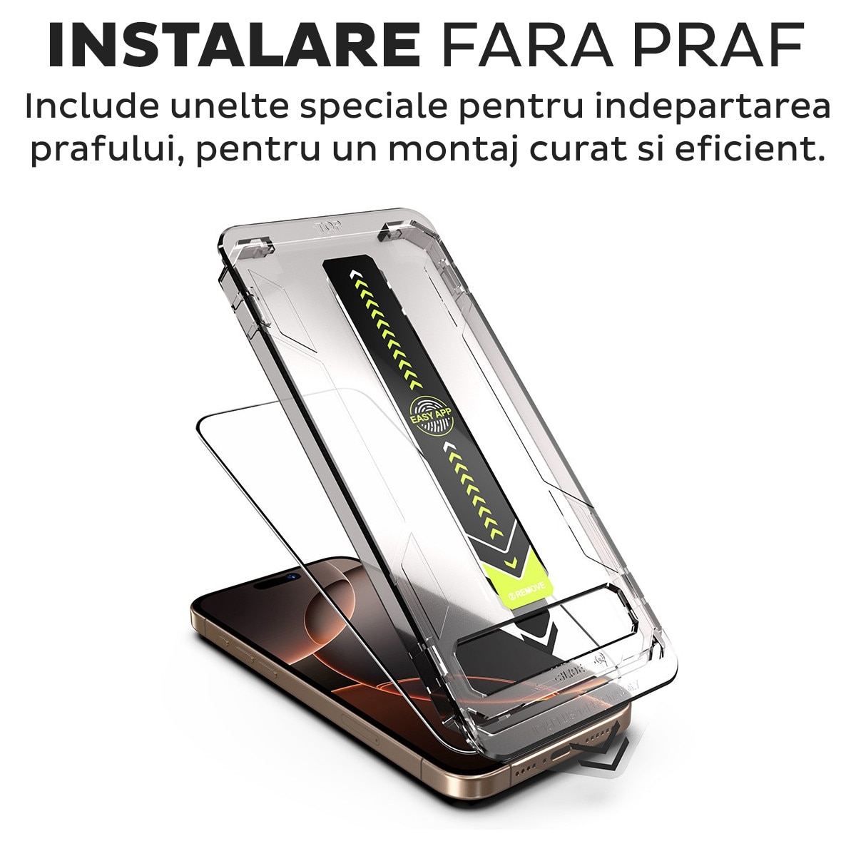 Folie Sticla pentru Apple iPhone 15 Pro Max Daden TitanGlass, Full Cover, Kit de instalare usoara si rapida cu dispozitiv de potrivire automata, Protectie Profesionala, Ultra Rezistenta, Transparenta