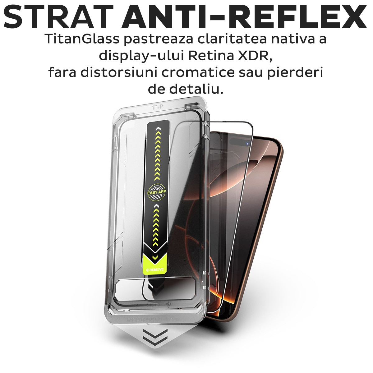 Folie Sticla pentru Apple iPhone 15 Pro Max Daden TitanGlass, Full Cover, Kit de instalare usoara si rapida cu dispozitiv de potrivire automata, Protectie Profesionala, Ultra Rezistenta, Transparenta