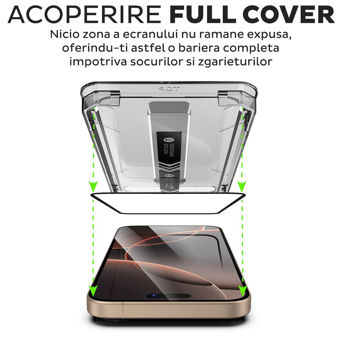 Folie Sticla pentru Apple iPhone 15 Pro Max Daden TitanGlass, Full Cover, Kit de instalare usoara si rapida cu dispozitiv de potrivire automata, Protectie Profesionala, Ultra Rezistenta, Transparenta