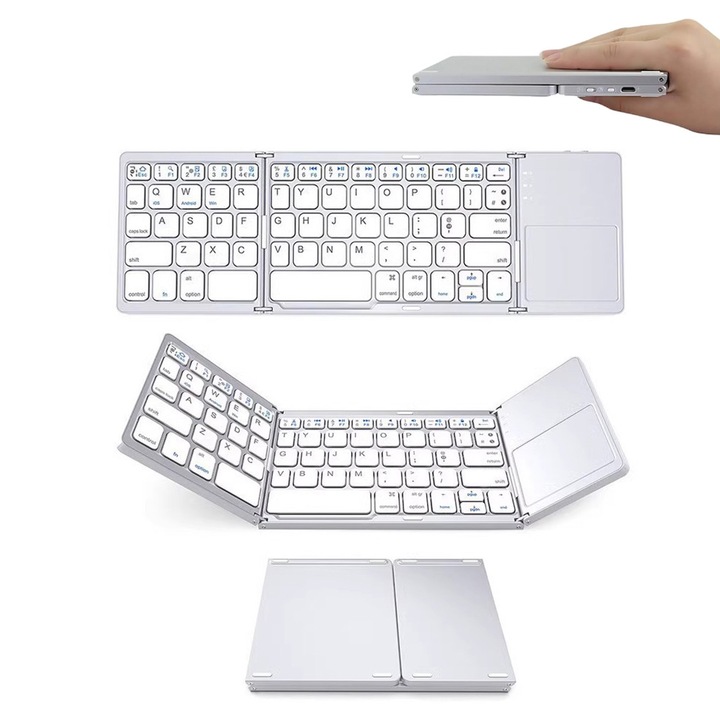 Összecsukható vezeték nélküli billentyűzet, ORBER, Ultravékony, Hordozható, Újratölthető USB-C, Touchpad, 3 részre hajtható, Bluetooth 5.0, Ideális Szállításhoz, Kompatibilis Androiddal, iOS-szel, Tablettel, PC-vel, Fehér