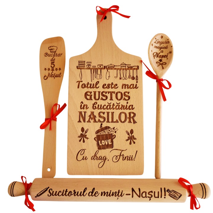 Set bucatarie cadou personalizat Nasi, gravura laser, Lemn, Model 1