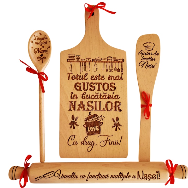 Set bucatarie cadou personalizat Nasi, gravura laser, Lemn, Model 2