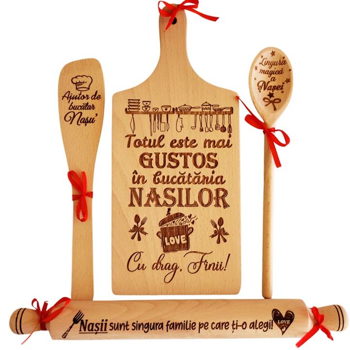 Set bucatarie cadou personalizat Nasi, gravura laser, Lemn, Model 3