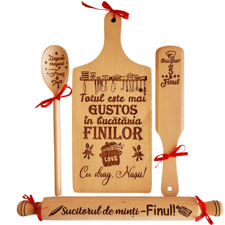 Set bucatarie cadou personalizat Fini, gravura laser, Lemn, Model 1