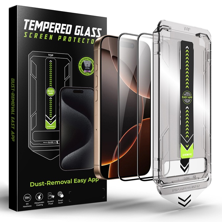 Комплект 2 x Премиум стъклен протектор за iPhone 17 Pro Max ClearShield Ultra HD, Лесно поставяне Easy Install+, Кристална яснота, Против удар и Против надраскване - черни ръбове