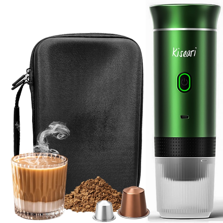 Преносима кафемашина 20 бара с чанта за носене, Kiseari®, Батерия 7500mAh, Съвместима с капсули Nespresso, Dolce Gusto и мляно кафе, Автоматично нагряване, USB-C - Идеална за къмпинг, кола, зелен