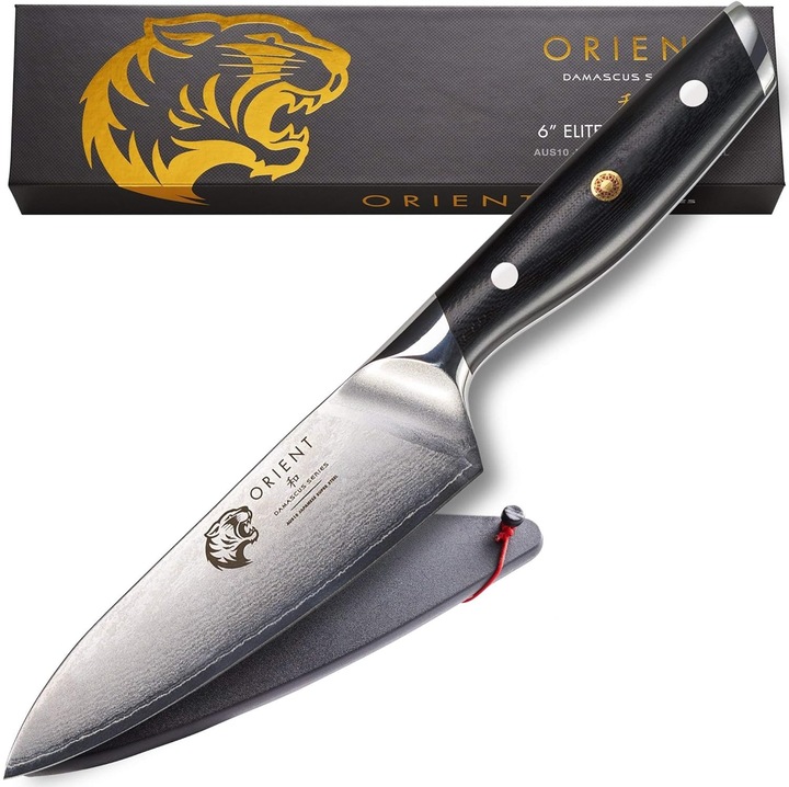 Orient Damaszkuszi Szakácskés, Origin Series, 15 cm, 67 rétegű japán AUS-10 rozsdamentes acél, fekete