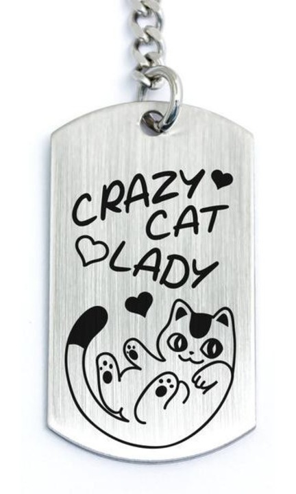 Ключодържател от гравирана стомана „Crazy Cat Lady“ с мотив на котка
