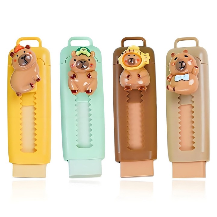 Set 4 radiere retractabile capybara YYHengCMU, design cartoon, Creativ, portabil si eficient pentru sters, Radiera pentru copii, un accesoriu de birou capibara potrivit pentru cei mici, multicolor, 8.2x2.5x1.7cm