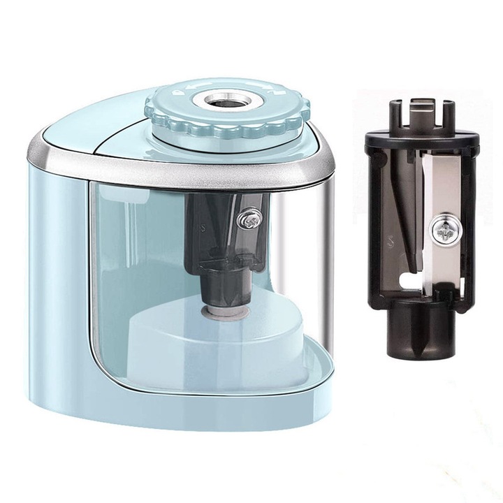 Ascutitoare electrica cu doua moduri, YYHengCMU, nu include baterii AA, lame inlocuibile, usor de curatat, rapida, compatibila cu diferite tipuri de creioane, albastru