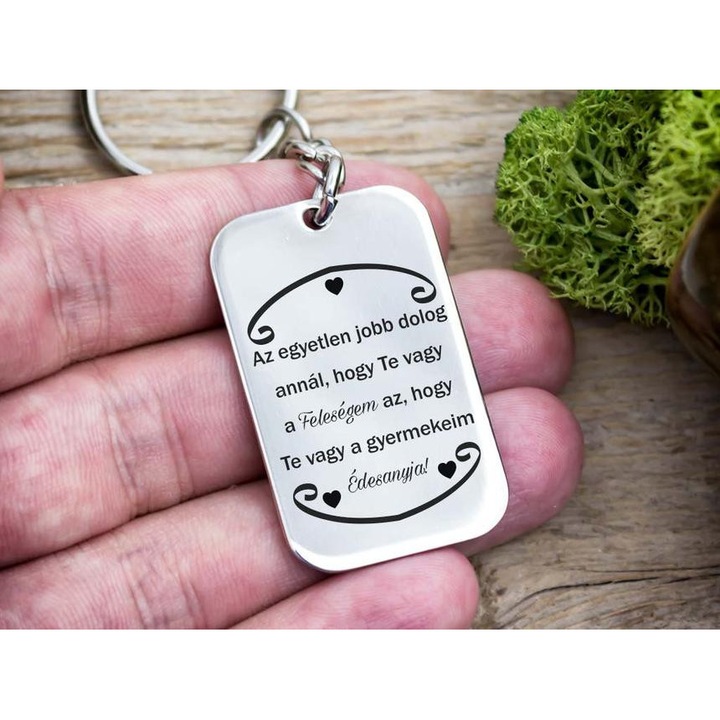 Breloc cu pandantiv din otel "Tu esti sotia si mama mea"