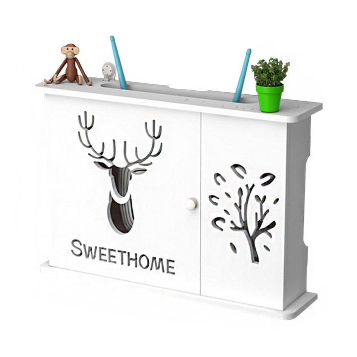 Рафт за съхранение за WiFi рутер, YISYNIM, модел елен и дървета, PVC, бял, 39x9x27см