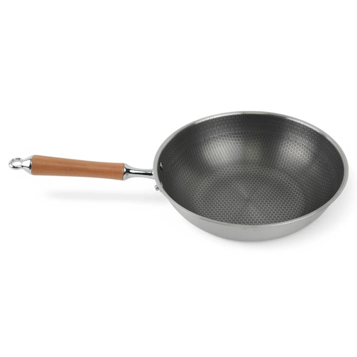 Професионален тиган от неръждаема стомана 18/10, тип уок, с включен капак, бързо и равномерно готвене, изключителна издръжливост, за газов/индукционен котлон, 32 см, сребрист